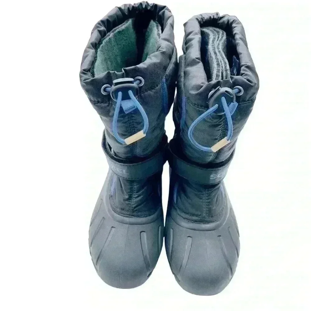 SOREL BIG KIDS WATERPROOF SNOW BOOTS BLACK/BLUE SIZE4 PREOWNED GREAT CONDITION